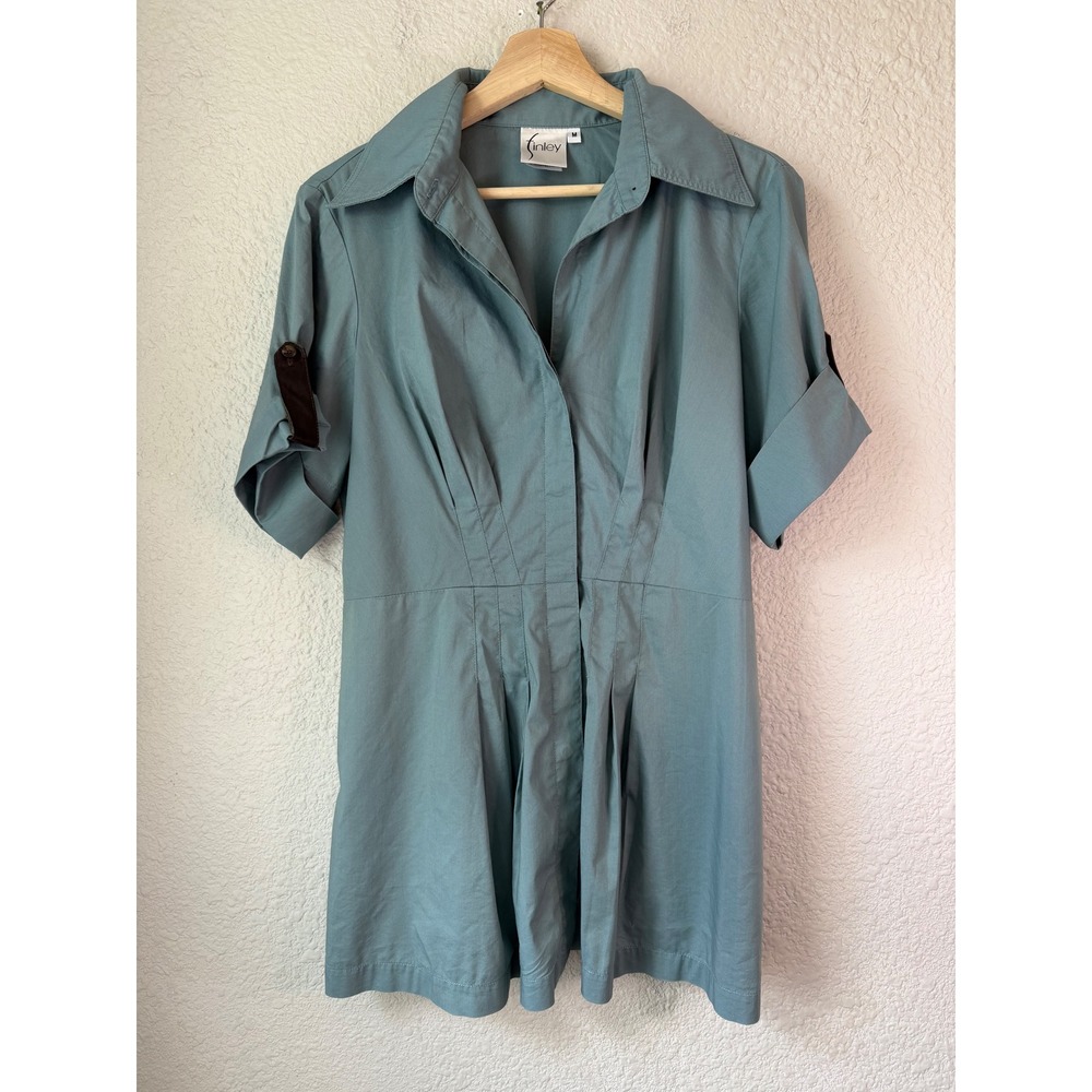 Finley Patrick Silky Solid Tunic Shirt Blue Green Short Sleeve Pleated Waist M